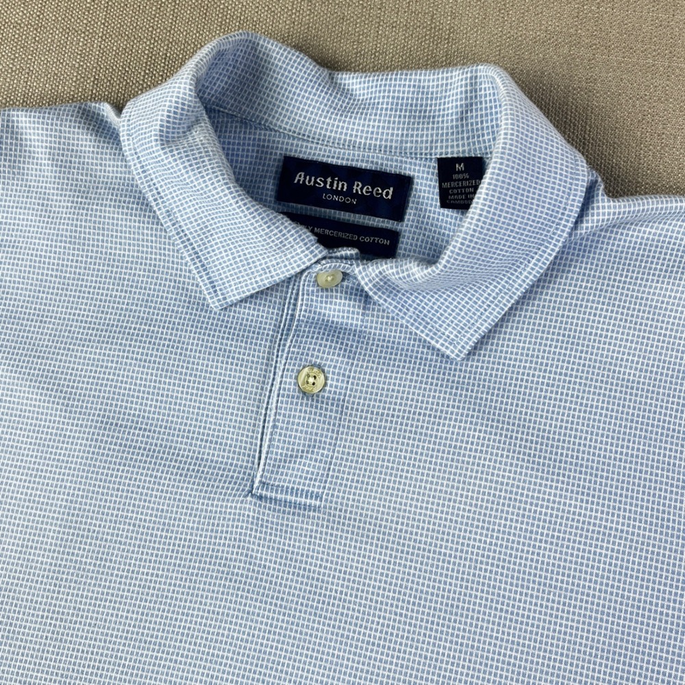 Austin Reed Polo Shirt Mens Medium Blue Micro‎ Check 2-Ply Mercerized Cotton